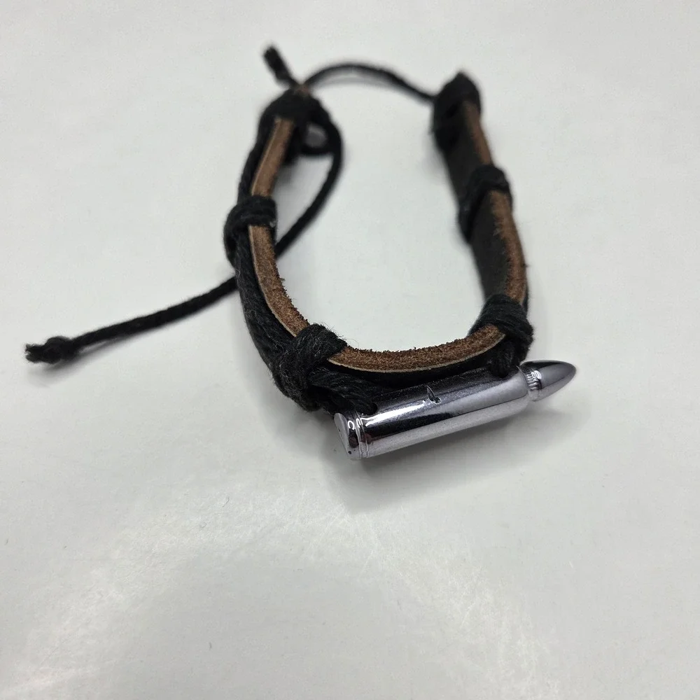 Unbranded Bullet Charm Leather Bracelet OS Black Silver Cord Wrap Adjustable